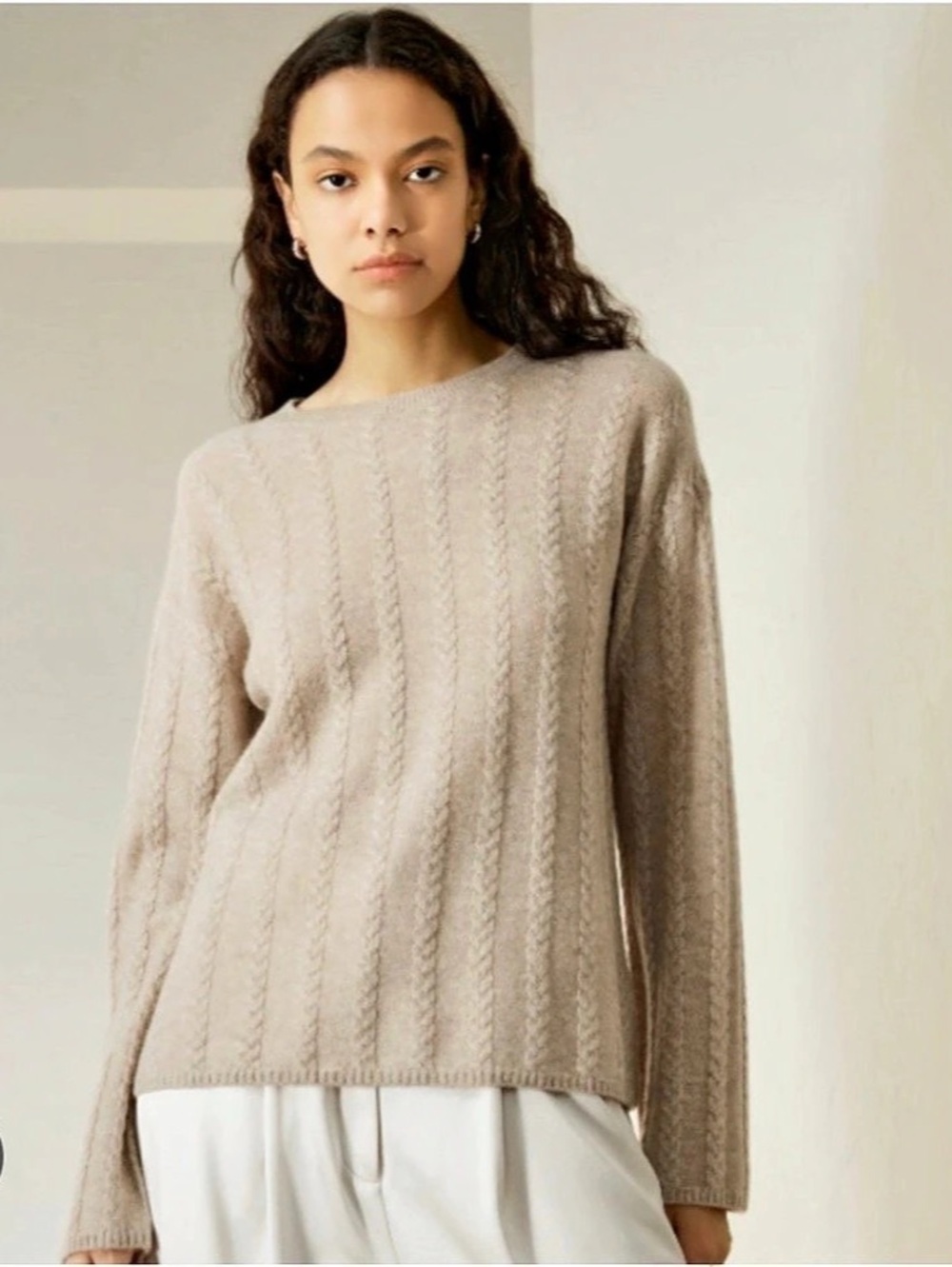 LILYSILK Cashmere Cable Knit Sweater with Ribbed Edges Beige Small